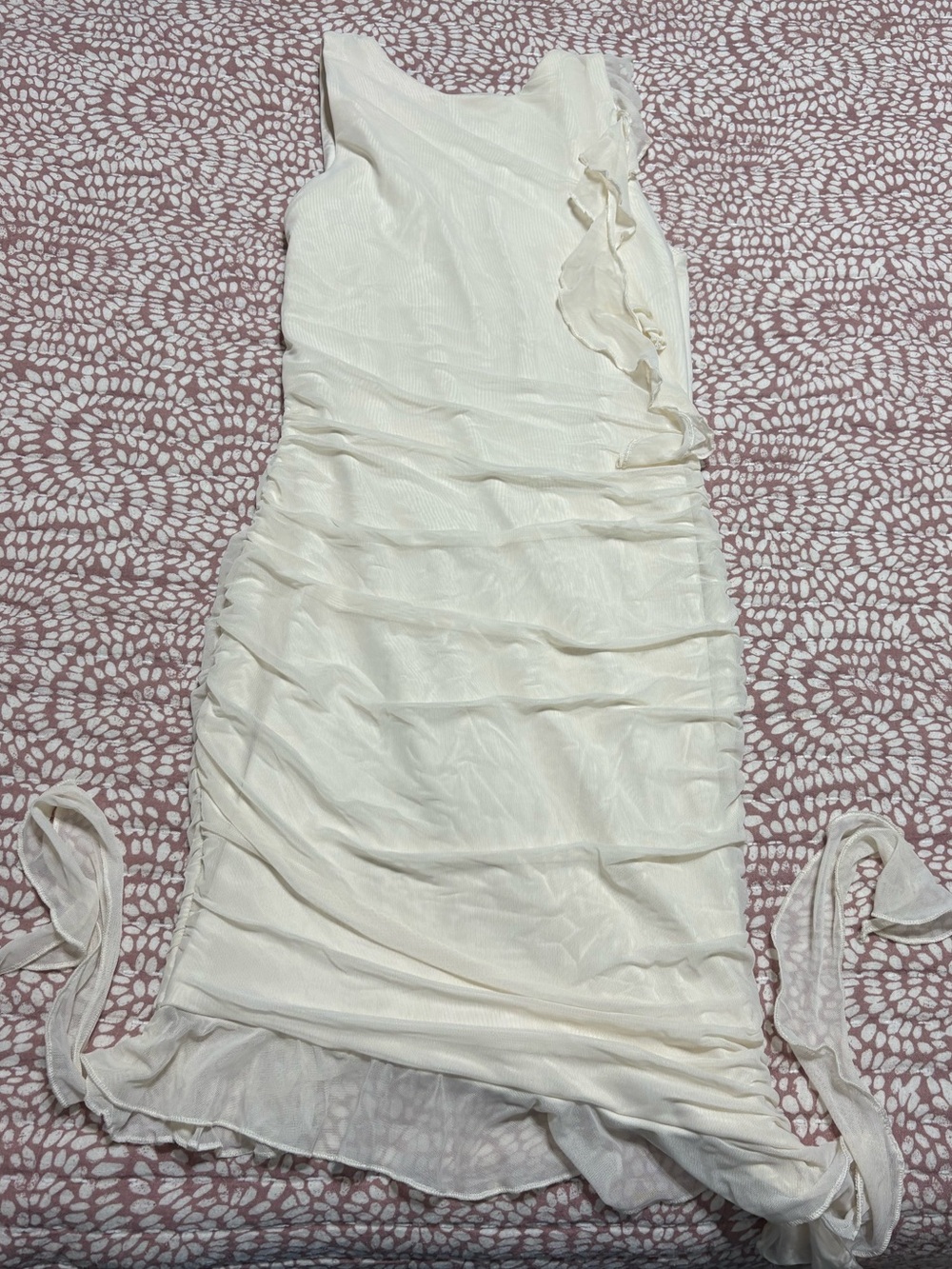 Oh Polly Cream Ruched Midi Dress with Side Ruffle